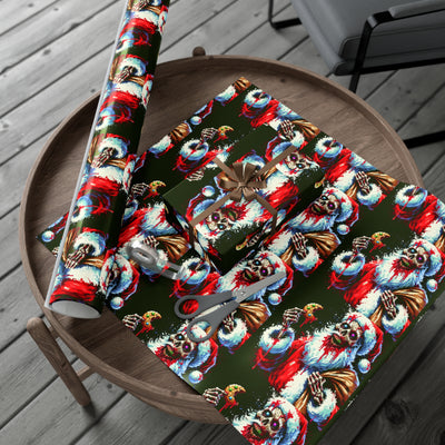 Zombie Santa wrapping paper with a dark green background and a brown ribbon on a gift.