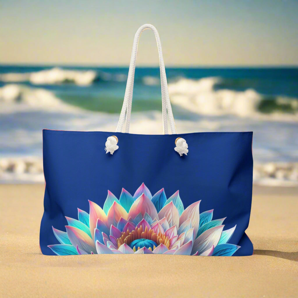Tote Bag: Lotus Reflection Asymmetric Weekender Bag in Lake Blue - Perfect for Travel & Yoga Retreats