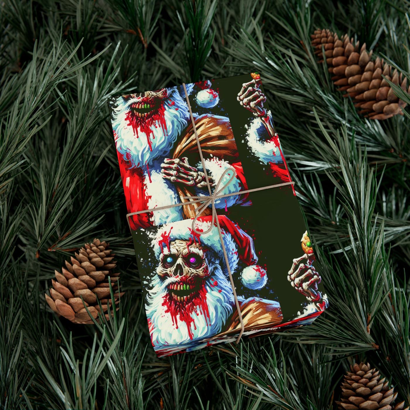Zombie Santa wrapping paper with pine needles and pine cones.