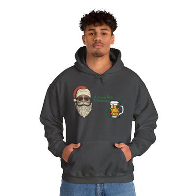 Dark grey hoodie with a Santa graphic and a beer mug graphic.