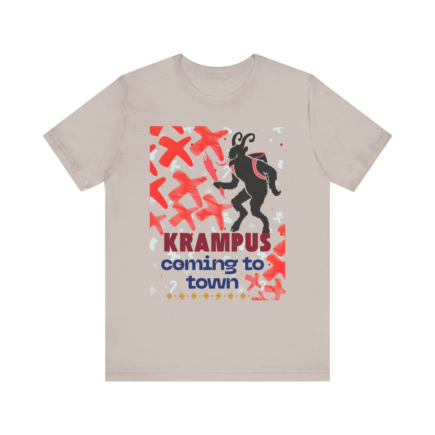 A beige t-shirt with a Krampus graphic and text.