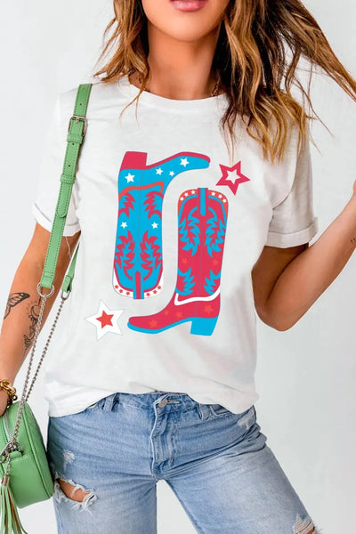 White t-shirt with a red, white, and blue cowboy boot and star graphic.