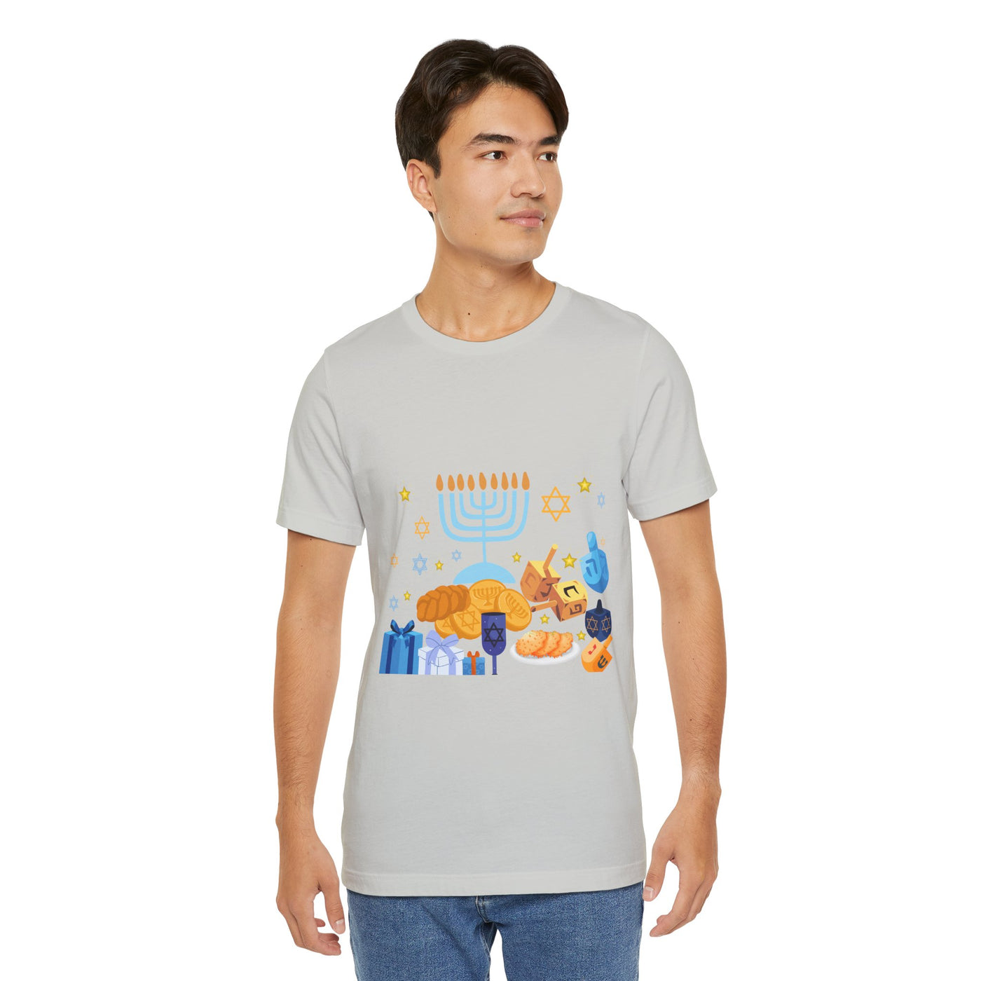Men's light grey t-shirt with a Hanukkah graphic.
