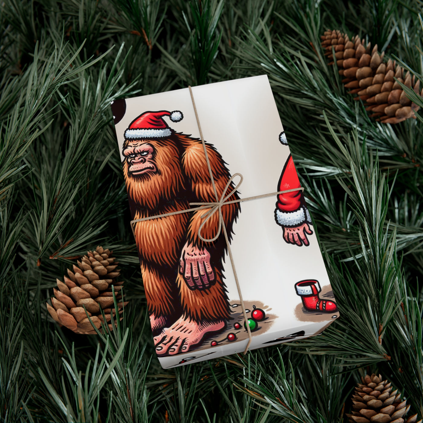 Wrapping paper with Bigfoot and Santa Claus in a humorous holiday design.