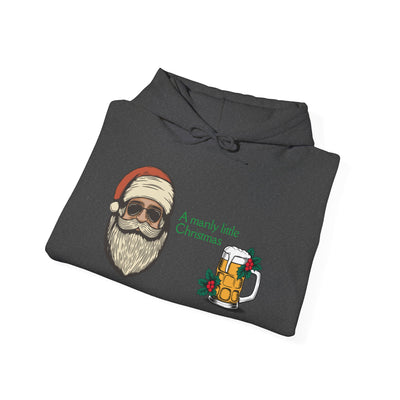 Dark grey hoodie with a graphic of Santa in sunglasses and a beer mug.