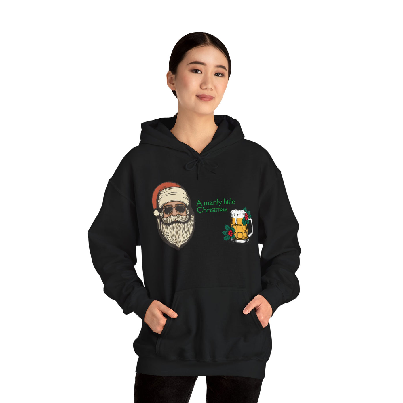 Black hoodie with a graphic of a cool Santa, a beer mug, and the text "A manly little Christmas".