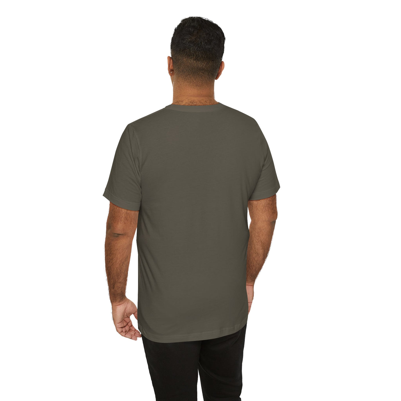 Back view of a man wearing a plain, dark grey t-shirt.