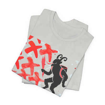 A light grey t-shirt with a Krampus graphic and red crosses.
