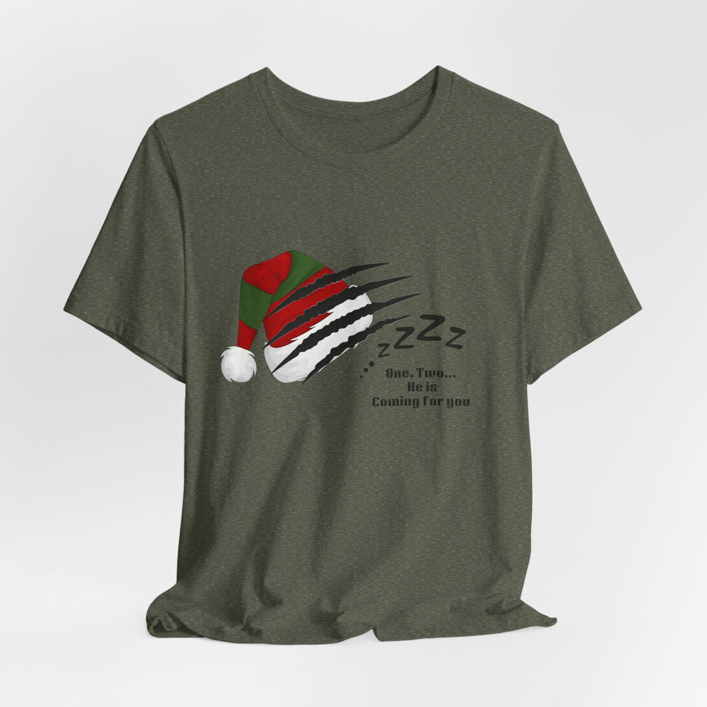 A dark green t-shirt with a graphic of a Santa hat and claw marks.