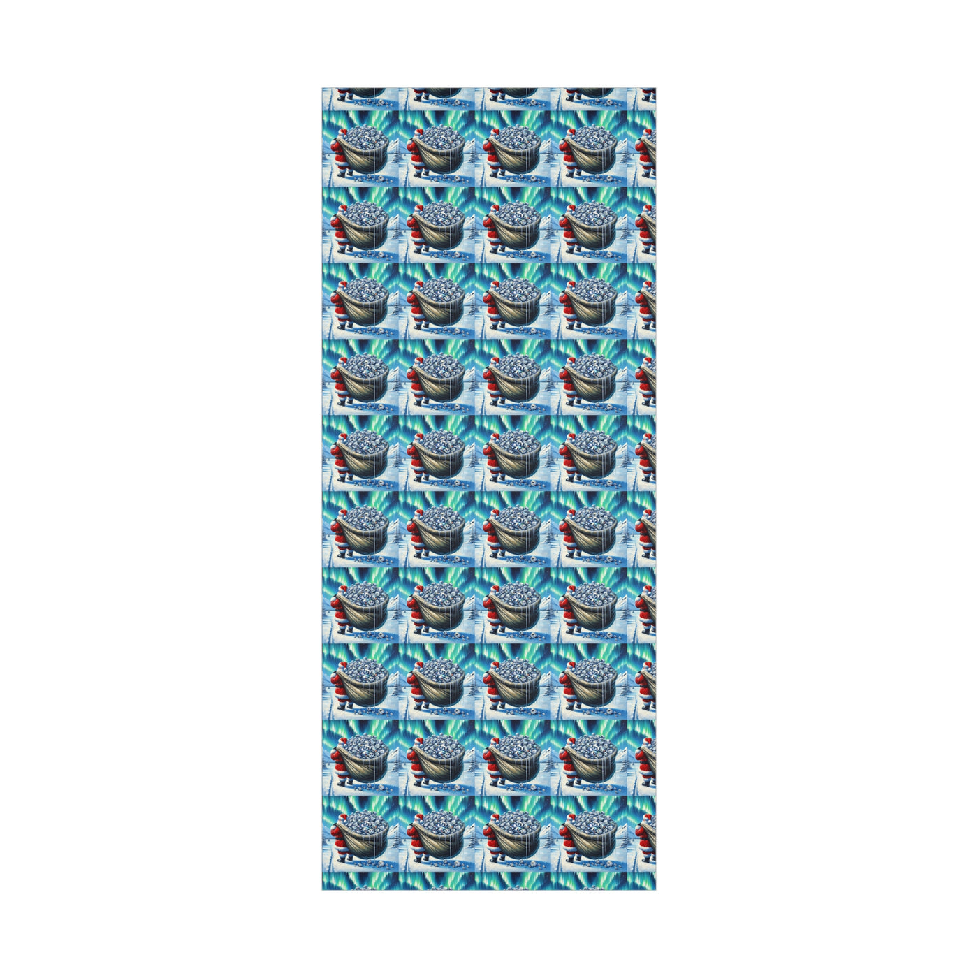 Wrapping paper with a repeating pattern of Santa carrying a sack of gifts under the aurora borealis.