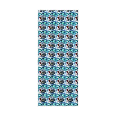 Wrapping paper with a repeating pattern of Santa carrying a sack of gifts under the aurora borealis.