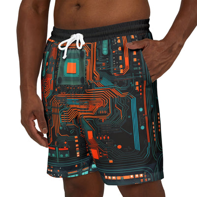 Swim Trunks: Futuristic Circuit Swim Shorts, Unisex Bathing Suit, Pool Party Gear, Summer Swimwear, Tech-Inspired Beach Shorts