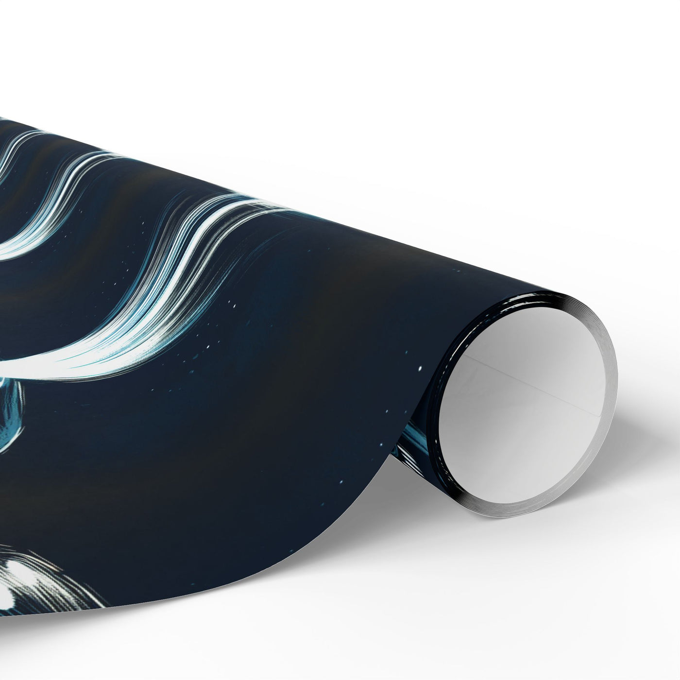 UFO-themed wrapping paper with swirling blue and white abstract designs on a dark background.