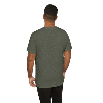Back view of a man wearing a dark green heathered t-shirt.