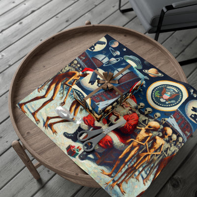 Vintage alien wrapping paper with Santa and UFOs.