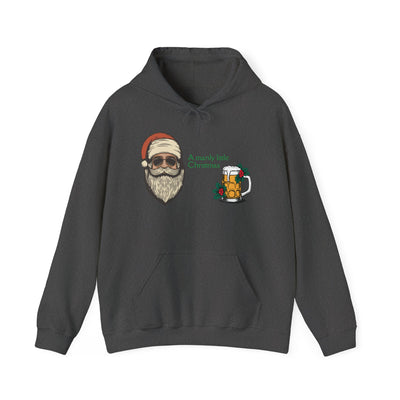 Dark grey hoodie with a graphic of a cool Santa and a beer mug.