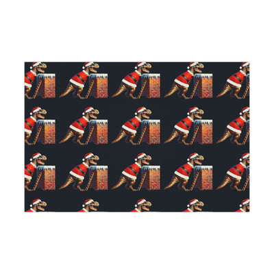 Gift wrap with a repeating pattern of T-Rex dinosaurs in Santa outfits climbing chimneys.