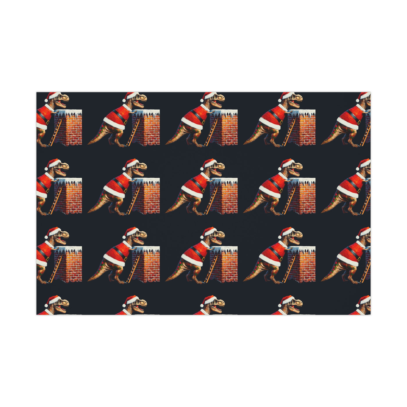 Gift wrap with a repeating pattern of T-Rex dinosaurs in Santa outfits climbing chimneys.