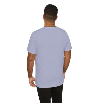 Back view of a man wearing a light purple short-sleeved t-shirt.