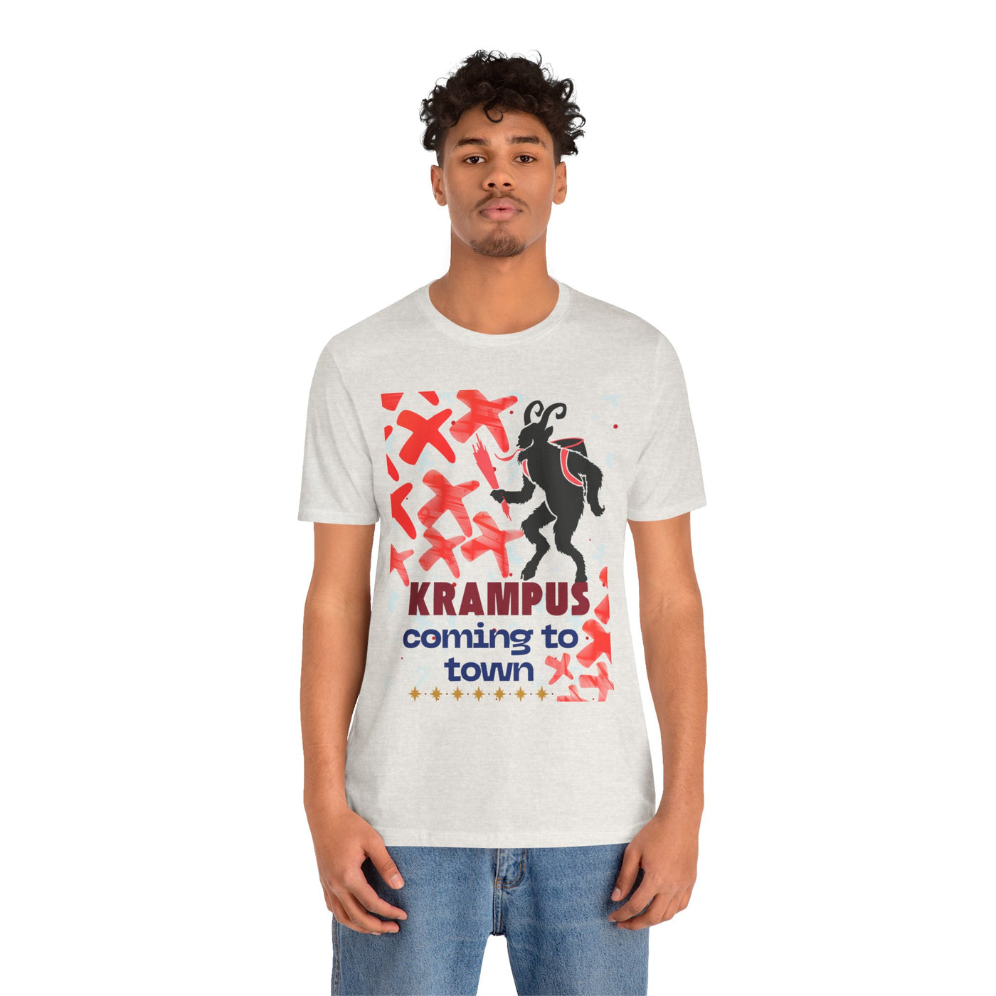 A light grey t-shirt with a Krampus graphic and text.