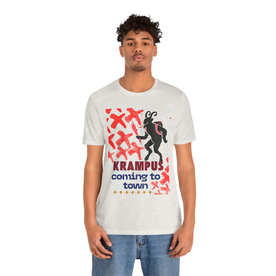 A light grey t-shirt with a Krampus graphic and text.