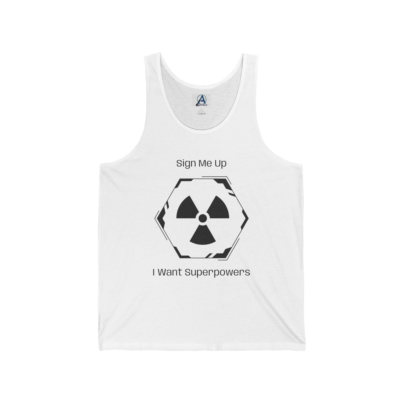 White tank top with radiation symbol and text on a white background