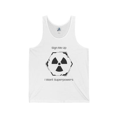 White tank top with radiation symbol and text on a white background