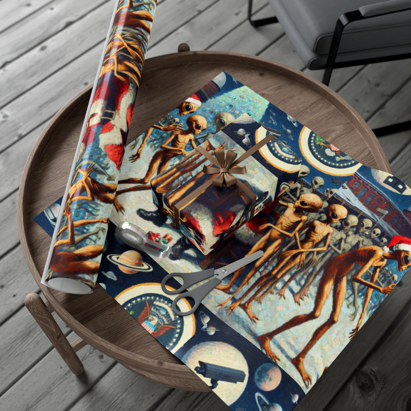 Vintage alien wrapping paper with a gift-wrapped box and scissors on a wooden table.