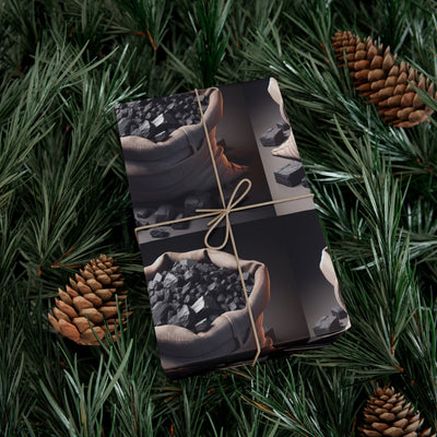 Gift wrap paper with a burlap sack of coal design.