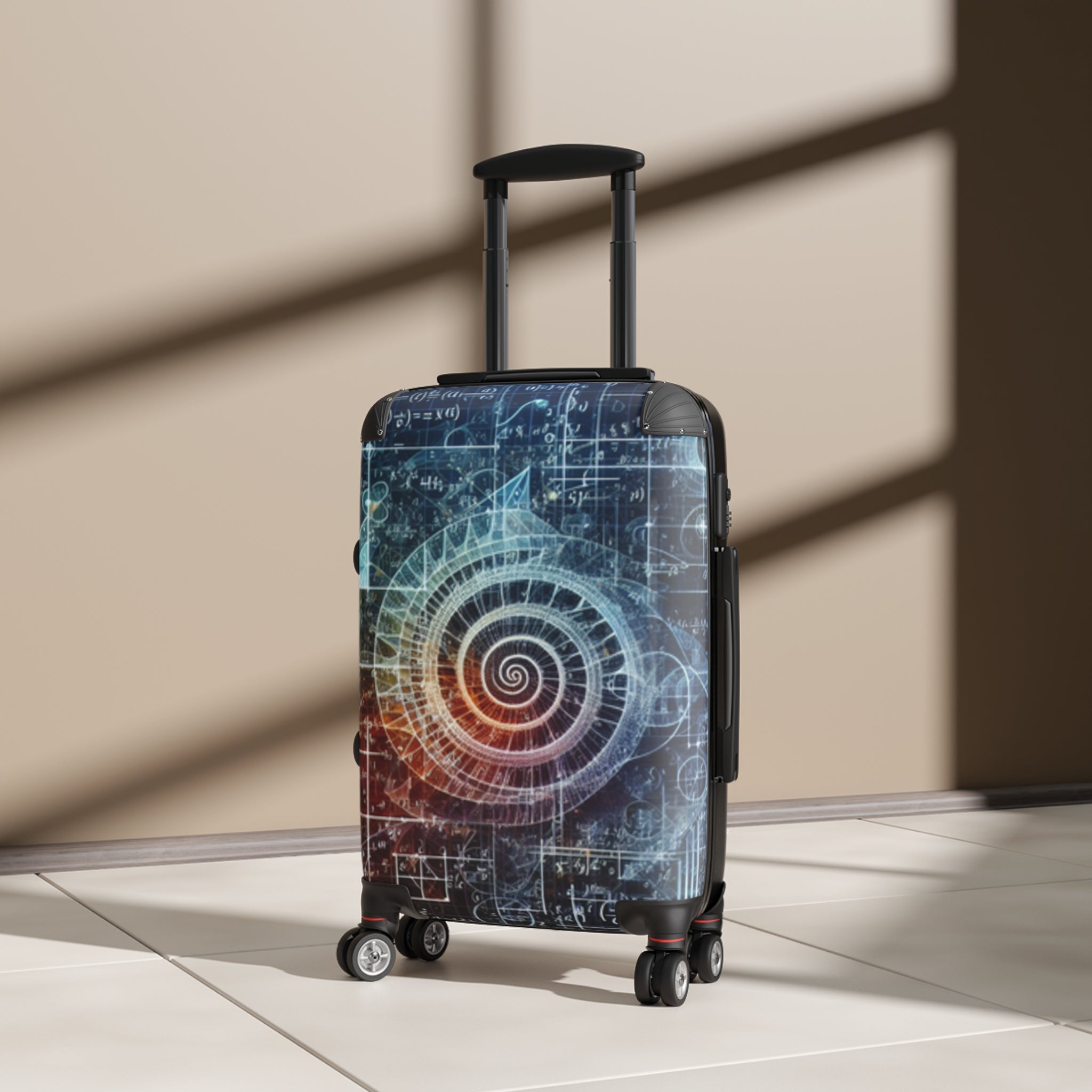 Suitcase with a spiral design and mathematical equations on a beige background