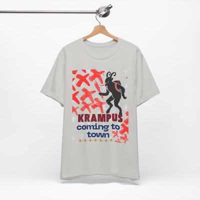 A light grey t-shirt with a Krampus graphic and text that reads "Krampus coming to town".