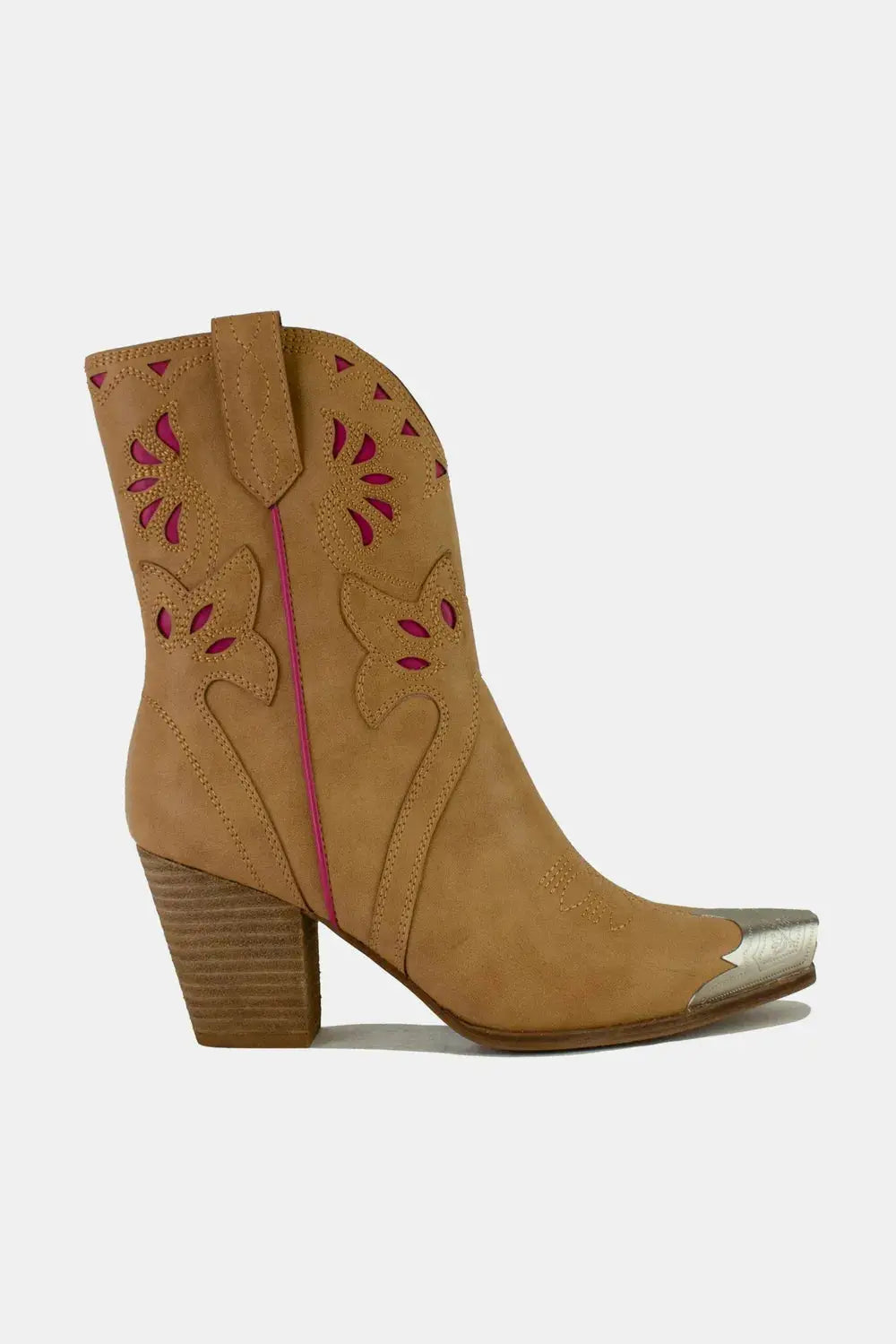 Tan cowboy boots with floral cut-outs, pink trim, and a silver toe cap.