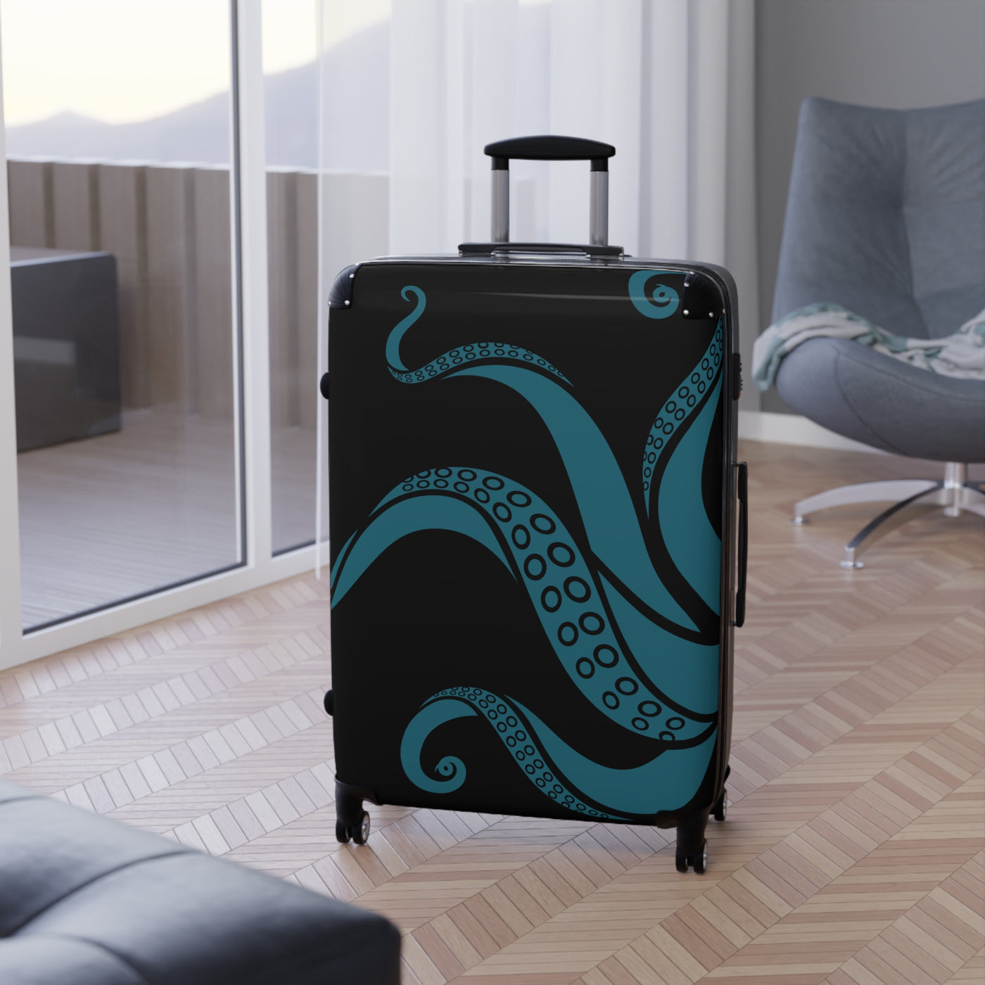 Large teal tentacle suitcase in modern living space, ideal for unique and personalized travel luggage.