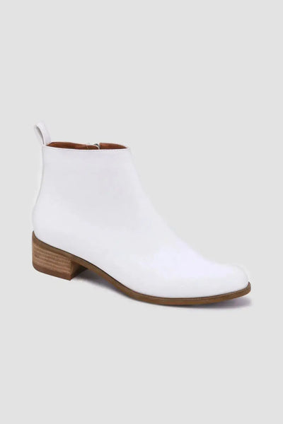 White PU leather ankle boots with a low block heel.