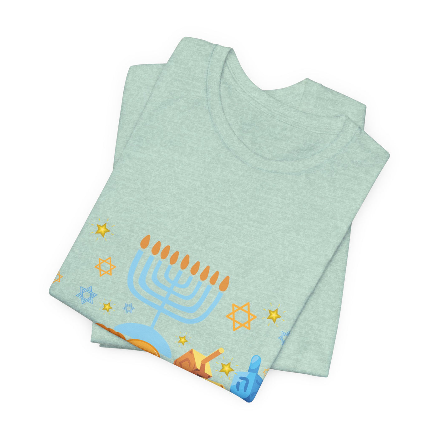 Light blue t-shirt with a Hanukkah graphic featuring a menorah and dreidels.