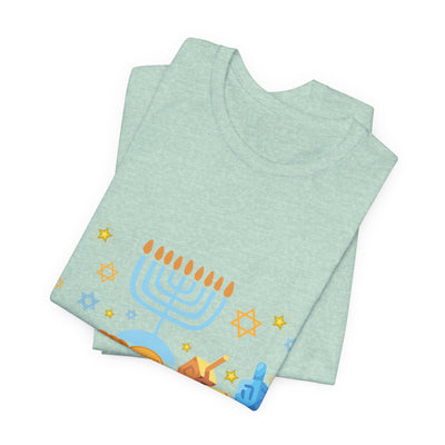 Light blue t-shirt with a Hanukkah graphic featuring a menorah and dreidels.