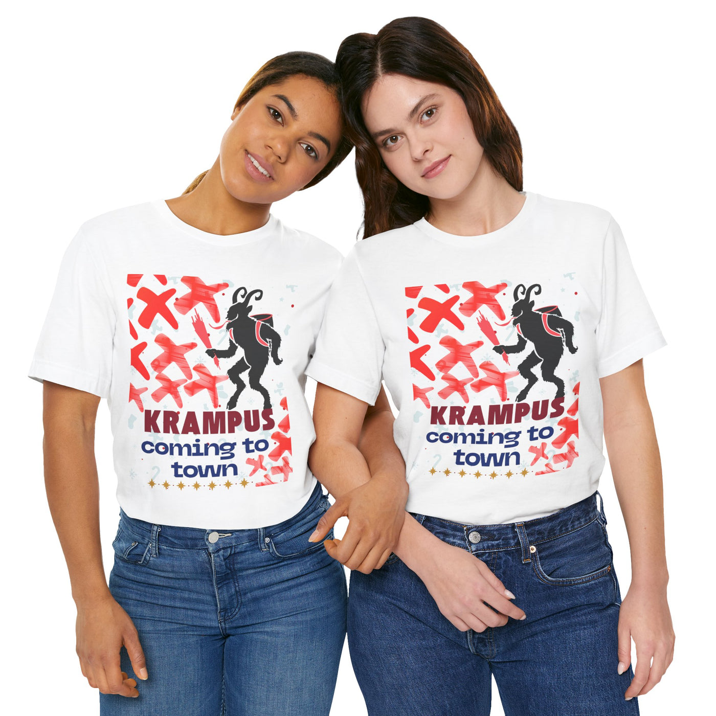 Two women in white t-shirts with a Krampus graphic and text.