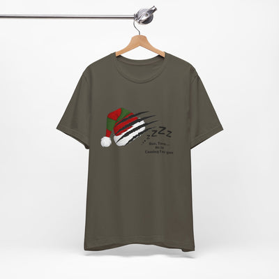 A dark green t-shirt with a graphic of a Santa hat with claw marks and "Zzz" text.