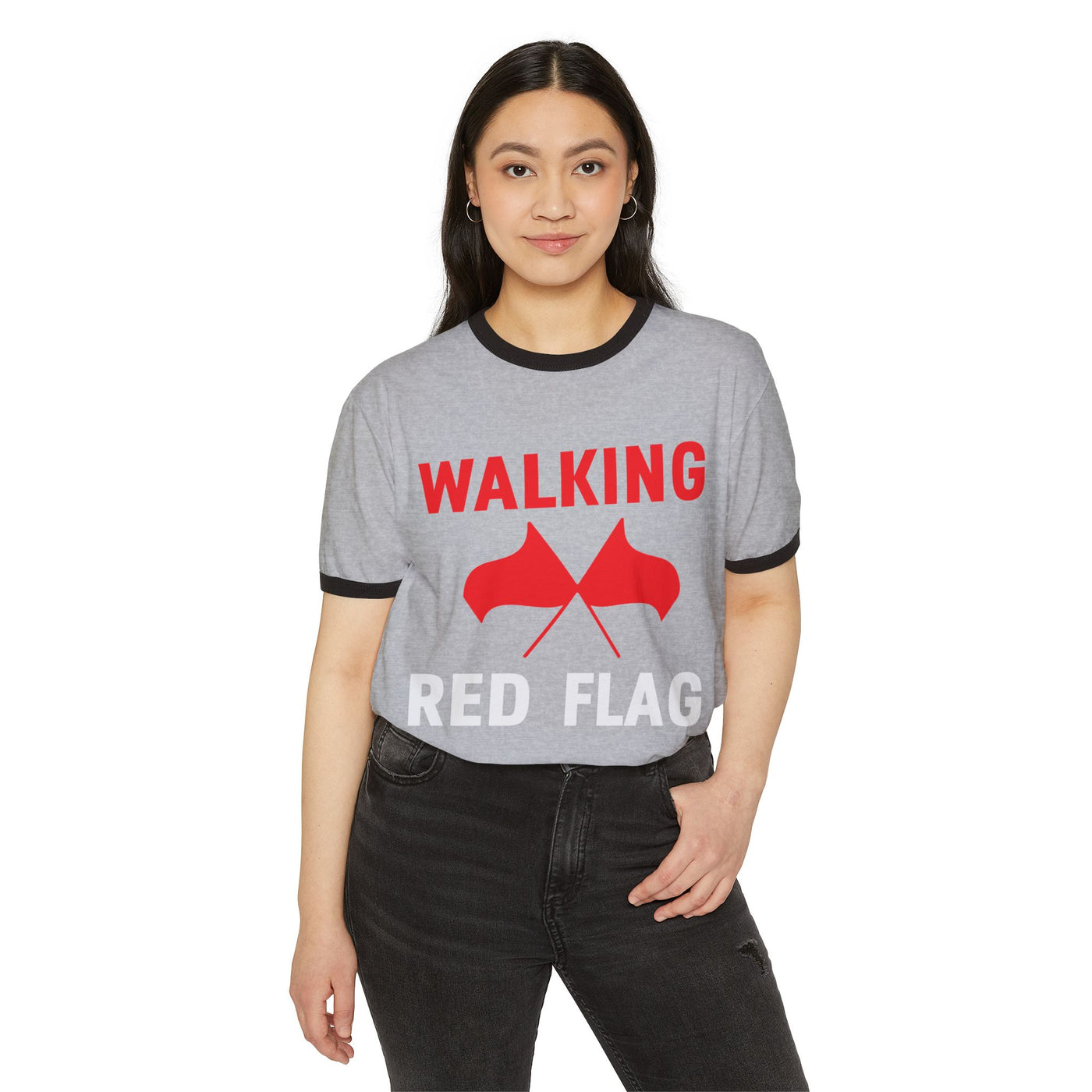 T-Shirt: Walking Red Flag Ringer Tee: Casual Humor Tee for Trendsetters