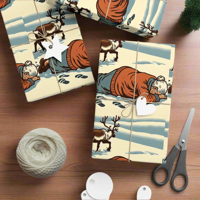 Wrapping paper with a vintage illustration of a grandma and reindeer in the snow.