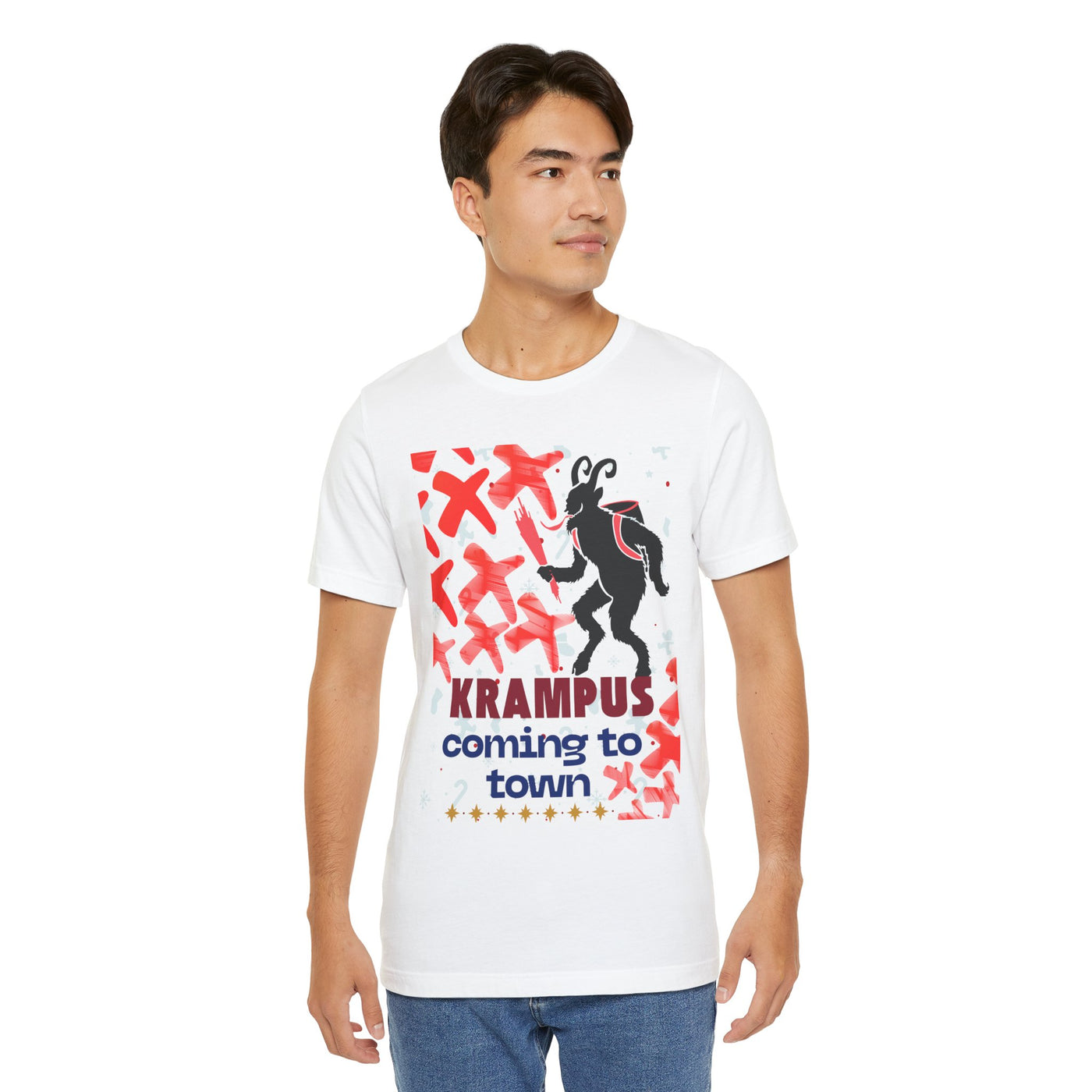 White t-shirt with a Krampus graphic and text.