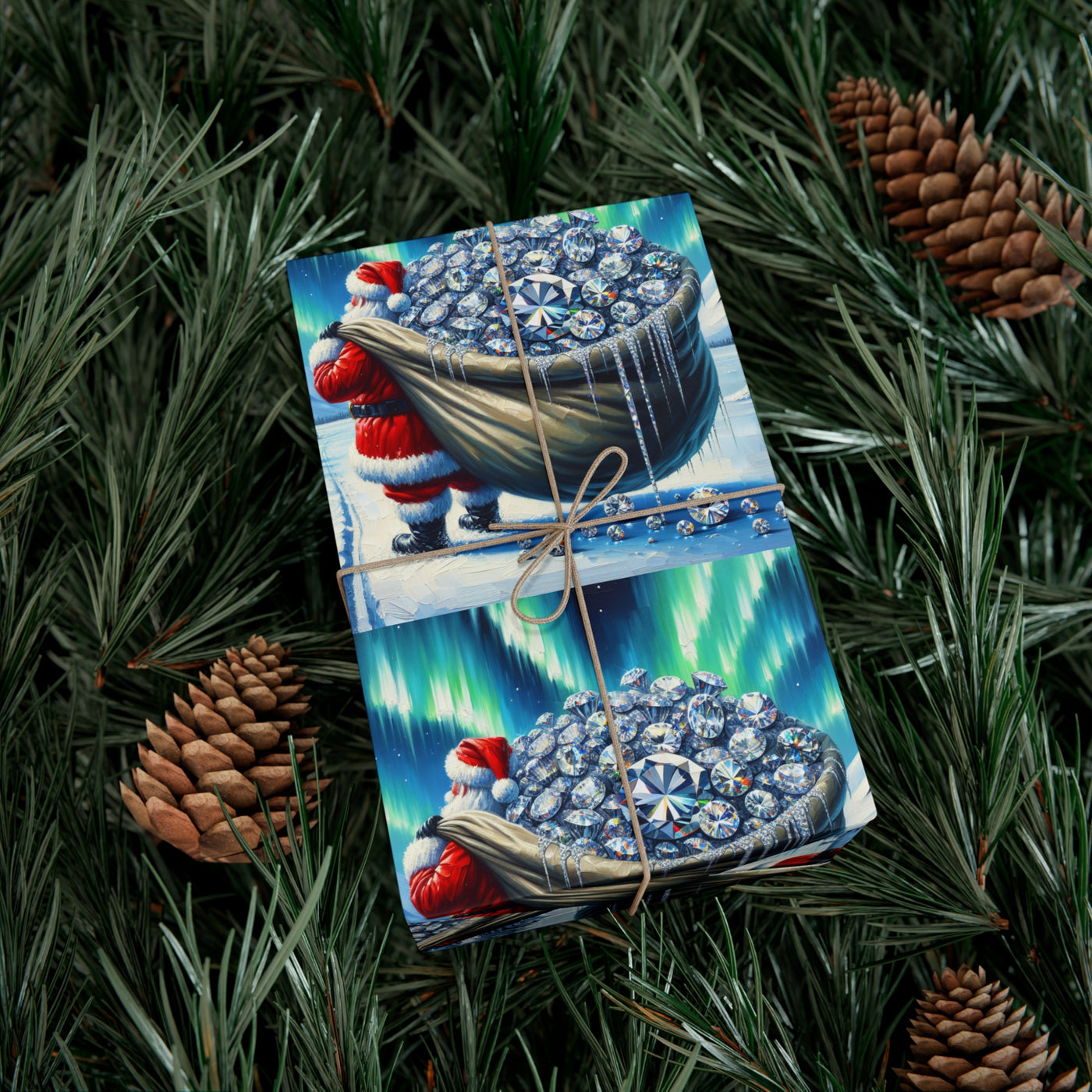 Wrapping paper with Santa and diamonds under the aurora borealis.
