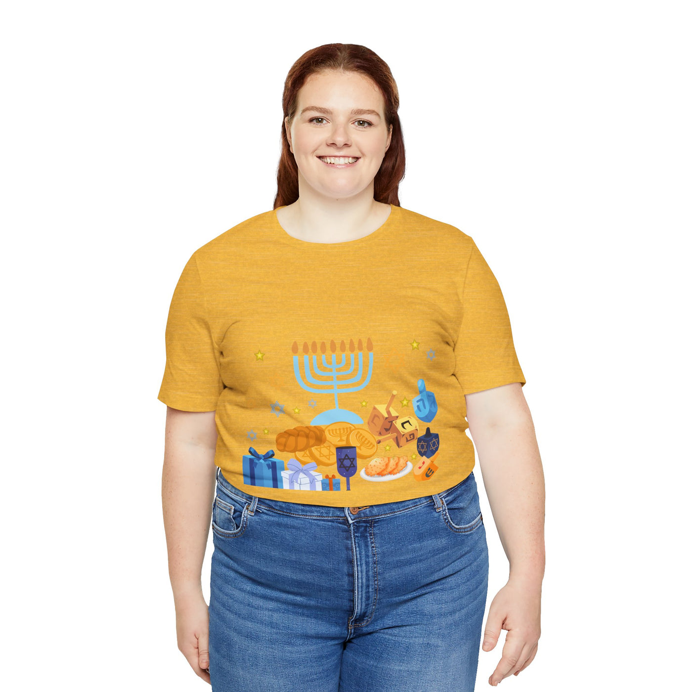 Unisex cotton t-shirt with a Hanukkah graphic featuring a menorah, dreidels, and gifts.