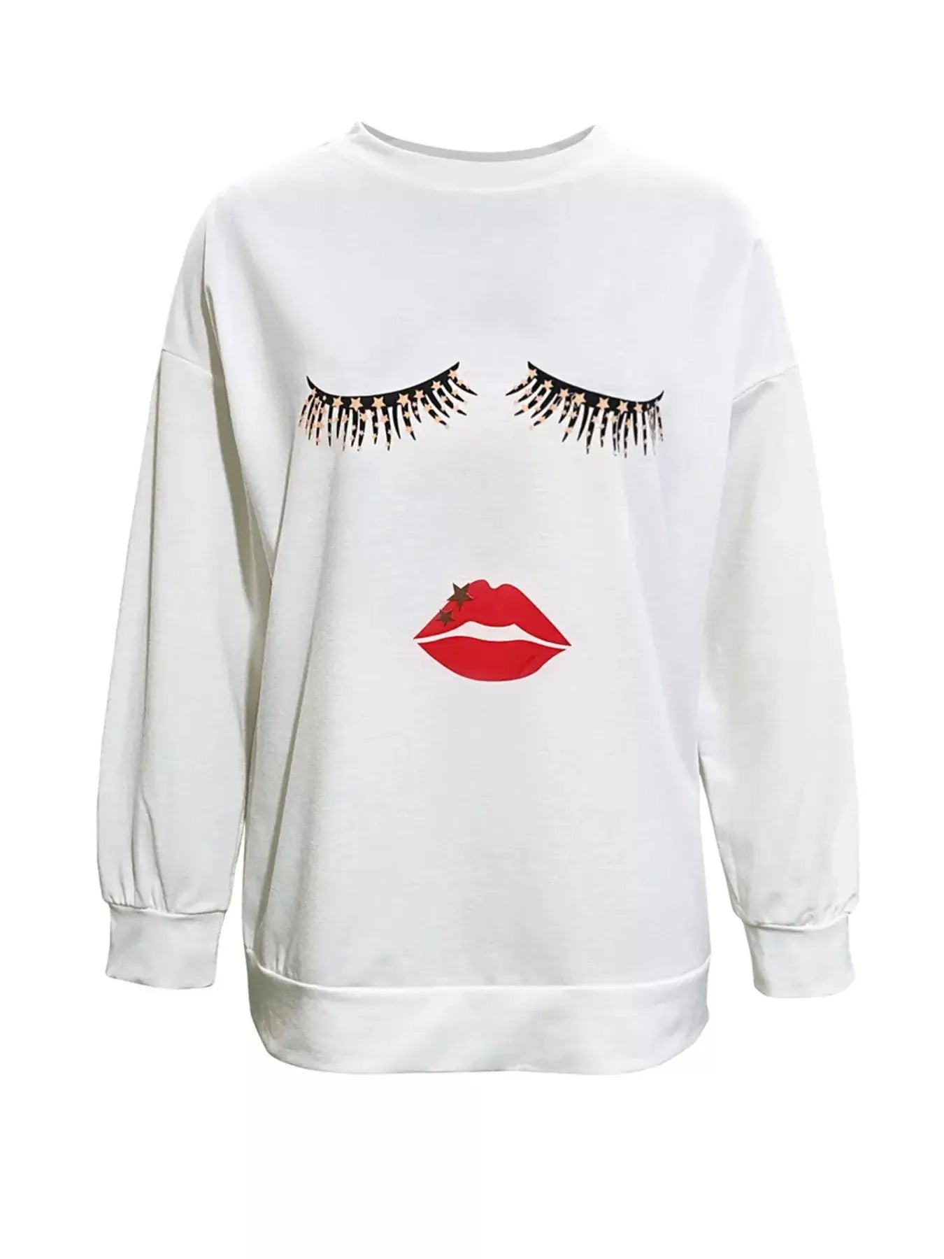 White graphic t-shirt with closed eyes and red lips design.