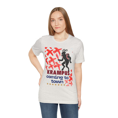 A light grey t-shirt with a black Krampus graphic and "Krampus coming to town" text.