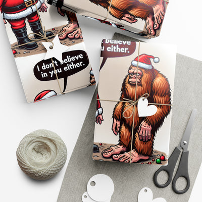 Wrapping paper with Santa and Bigfoot illustrations and humorous text.