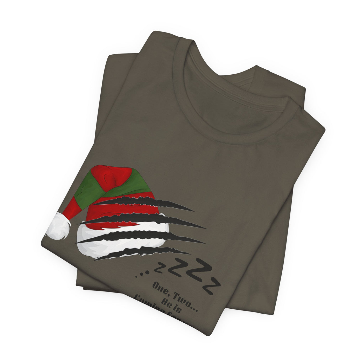 A grey t-shirt with a graphic of Freddy Krueger's glove tearing through a Santa hat.