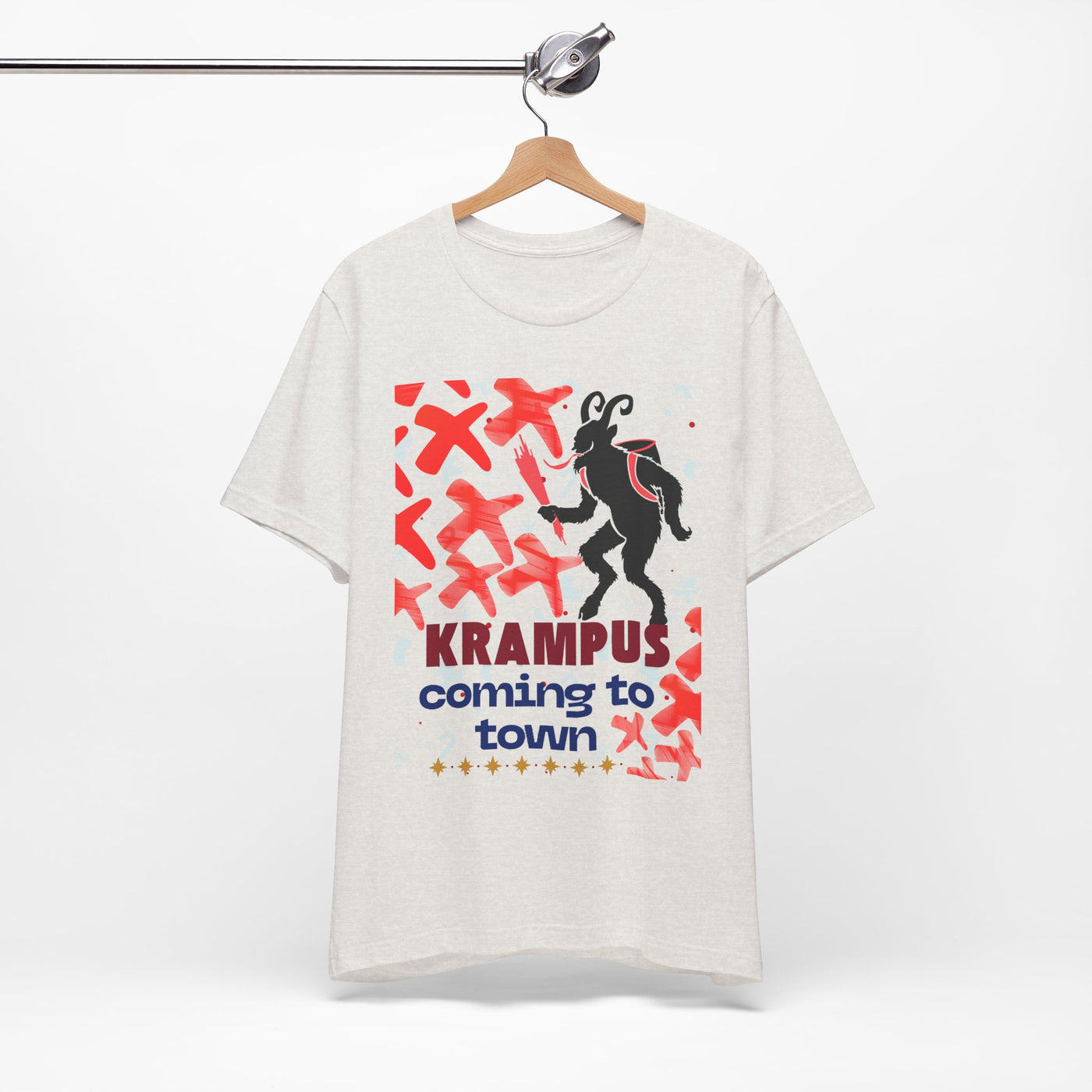 A light grey t-shirt with a black silhouette of Krampus and red accents.