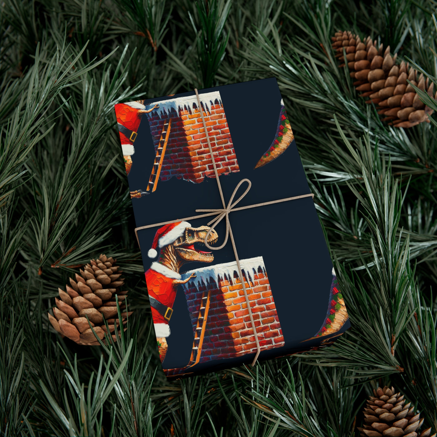 Gift wrap featuring a T-Rex in a Santa hat climbing a chimney.