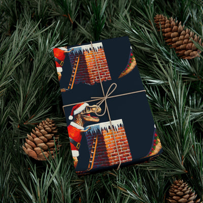 Gift wrap featuring a T-Rex in a Santa hat climbing a chimney.